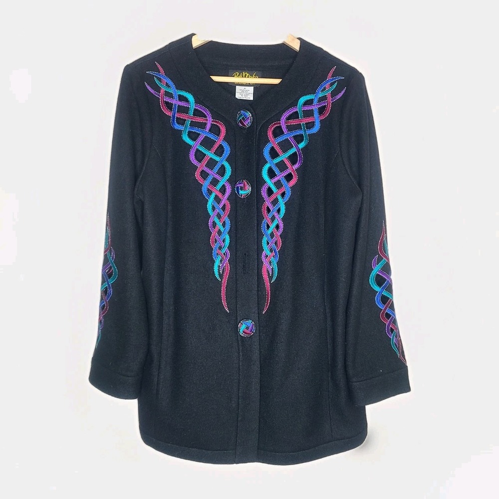 Vtg Bob‎ Mackie Women Jacket Size L Wool Blend Embroidered Cut Out Black